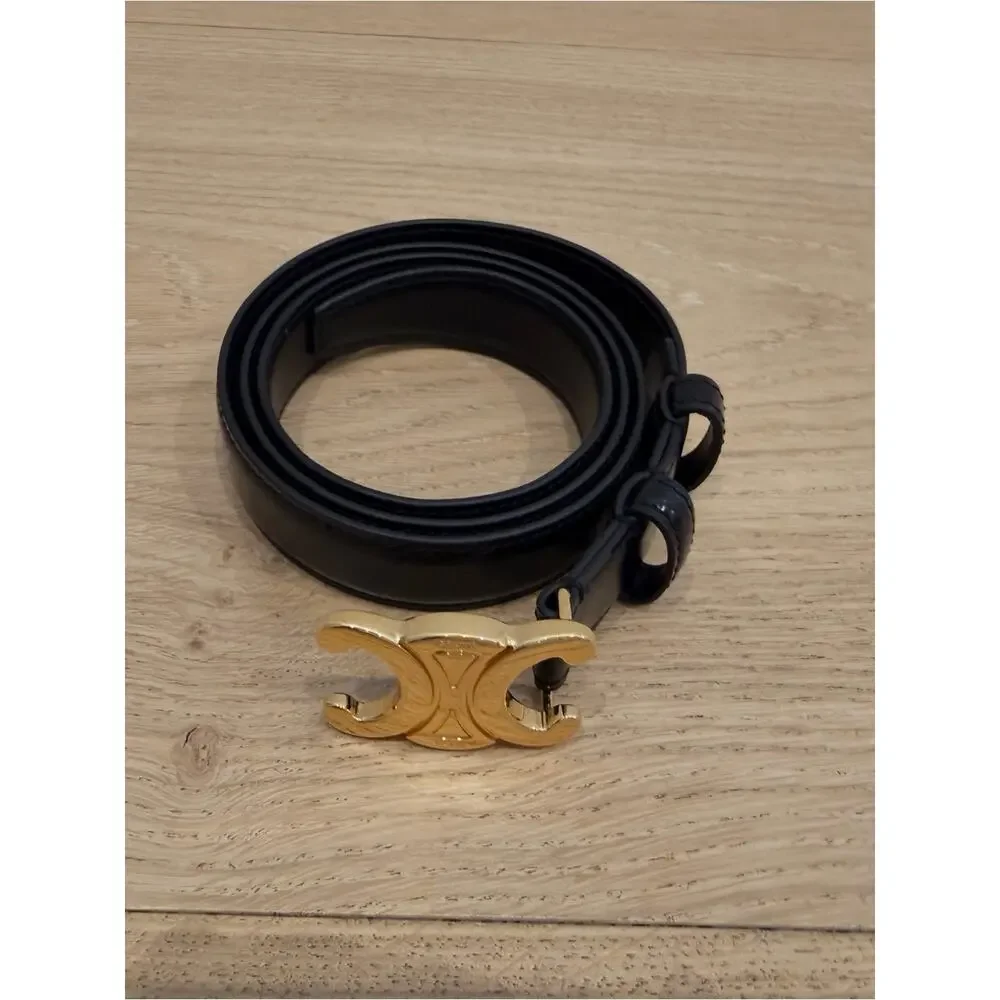 Celine Black Leather Belt with Gold Double C Buckle